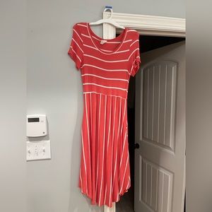 7th Ray dress, size medium. Light red with white stripes.
